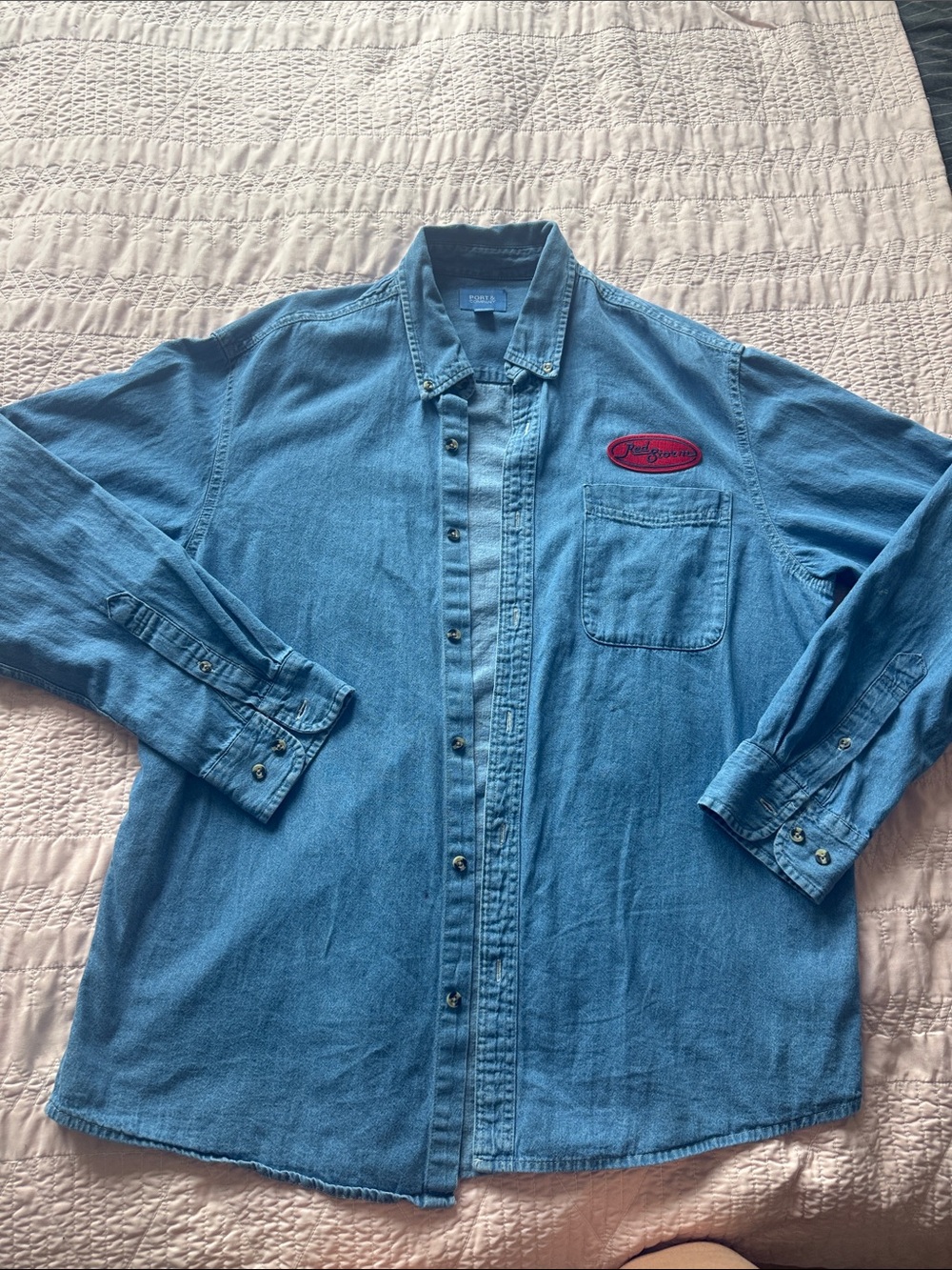 Light Blue Denim Button-Down Shirt with Embroidered Patch Red storm